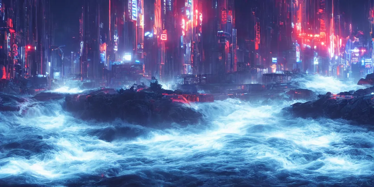 Image similar to turbulent river rapids rushing through a futuristic city at night , volumetric lighting, blue and red glowing lights, 4k, octane, unreal engine, high contrast, high saturation , cinematic film still, by artgerm and greg rutkowski