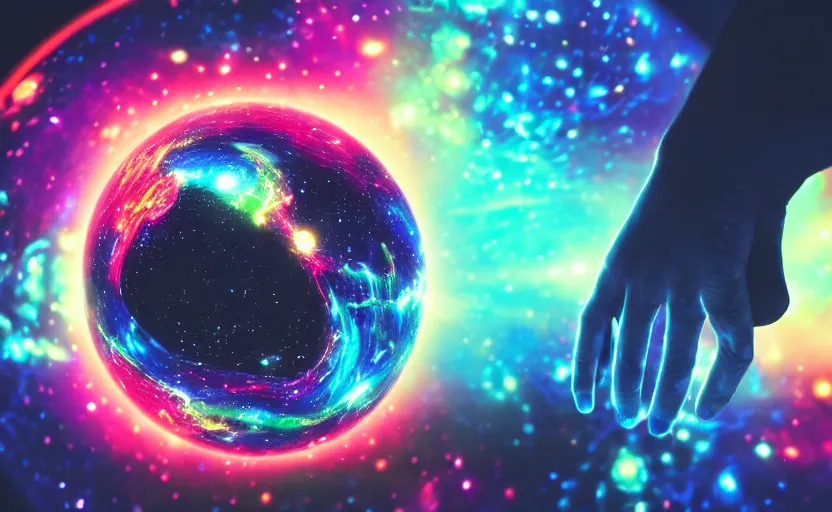 Image similar to pro - vida, cosmic integration, the privilege of being, closeup of a hand holding spheres of power, cosmic color scheme, macro up view, neon, glow, darkness, dramatic, sharp focus, octane render, imax