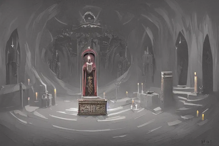 Prompt: “Ancient underground temple in dim lighting, high ceilings, with a hooded cult member facing an altar, concept art, digital painting by Shaddy Safadi”