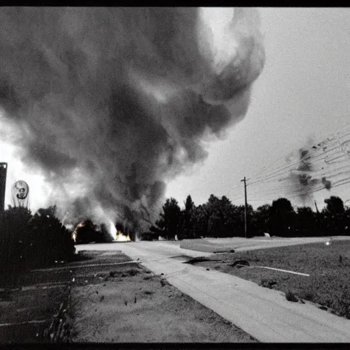 Prompt: 1 9 9 0 s newspaper photo of a burning suburban neighborhood with an explosion in the background.