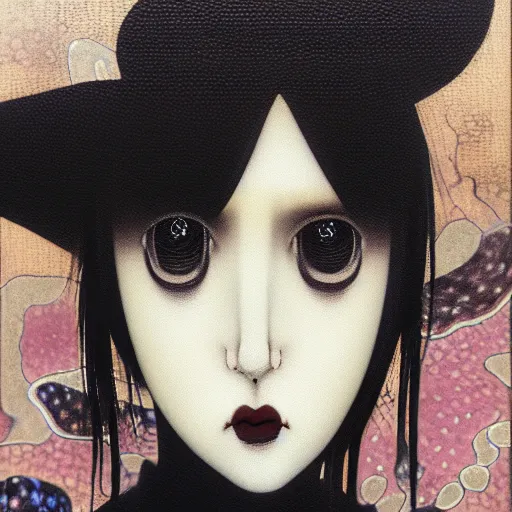 Image similar to yoshitaka amano blurred and dreamy minimalistic oil portrait of a young woman with black lipstick and black eyes wearing dress suit with tie, junji ito abstract patterns in the background, satoshi kon anime, noisy film grain effect, highly detailed, renaissance oil painting, wide brush strokes, weird portrait angle, blurred lost edges