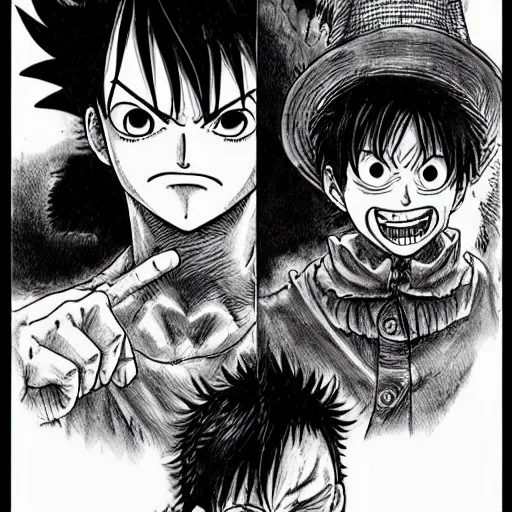 Image similar to [ luffy mustache ] ( by kim jung gi ) ( by kentaro miura )