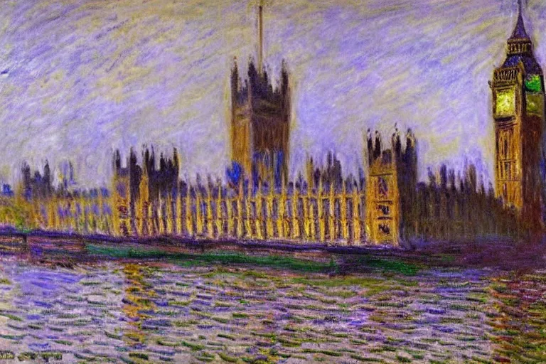 Image similar to Palace of Westminster, illustrated by Claude Monet, very detailed