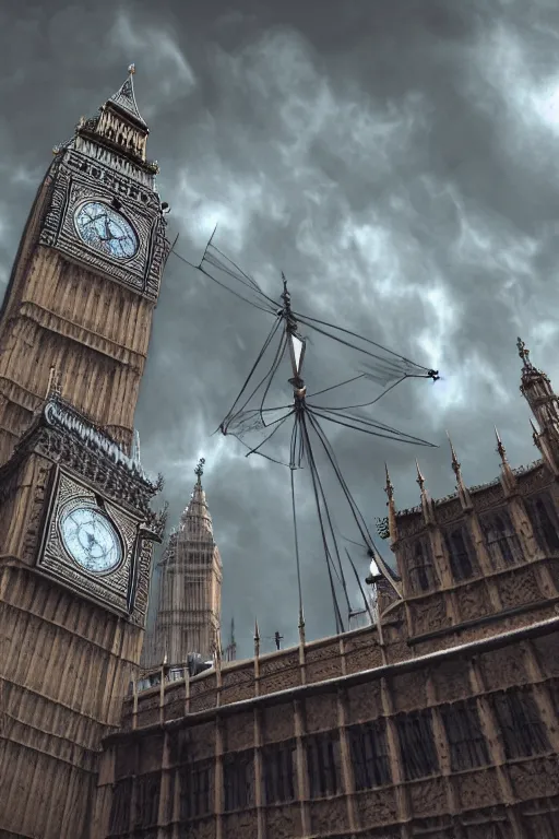 Image similar to photography of a highly detailed ghost pirate ship flying in the sky. big ben, london background. intricate, hyper realism, professional digital art, unreal engine 5, 8 k render, sharp focus, trending on art station.