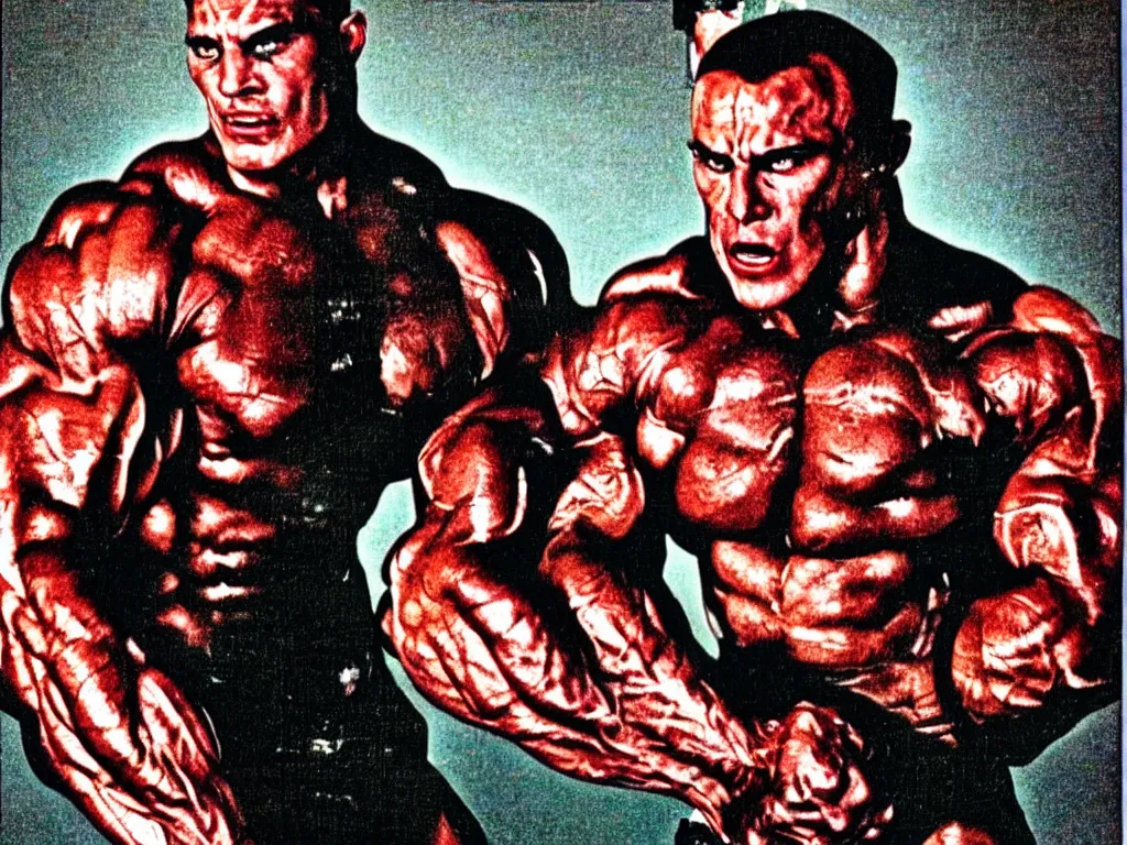 Image similar to vintage 90s VHS video still of a muscular soldier promoting horror, retro TV, noise, hue