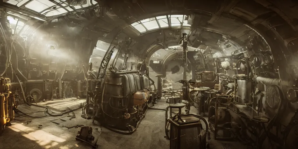 Image similar to photograph of a dieselpunk submarine interior set design, cinematic lighting, color contrast, arri alexa, anamorphic bokeh, professional lighting, 4 k, photographed by erik johansson, graded with davinci resolve