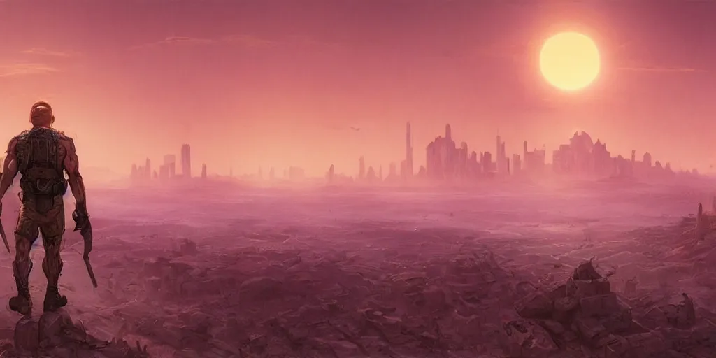 Image similar to detailed concept illustration, matte painting, strong muscular older soldier roaming through desert with city in the skyline, two suns, purple sky orange colors, ant aliens at the horizon, sharp focus, illustration, highly detailed, digital painting, concept art, matte, art by wlop and artgerm and greg rutkowski, masterpiece