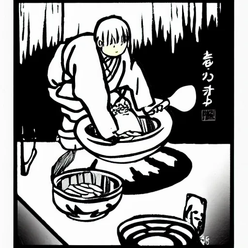 Image similar to manga cat by Hayao Miyazaki eats from a bowl of rice, black and white manga