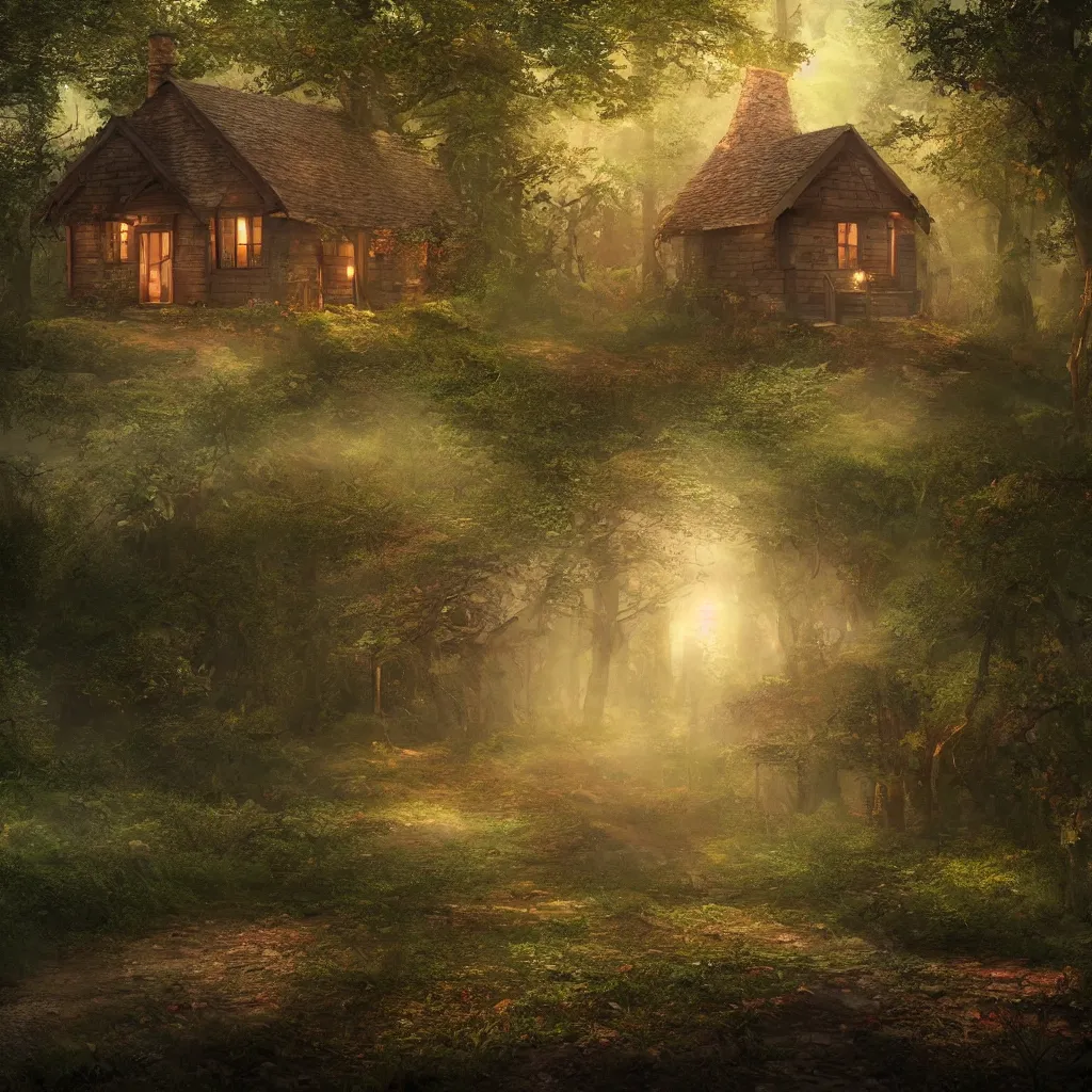 Prompt: a cottage in the woods , fantasy, hyper realistic, dramatic lighting, 8k