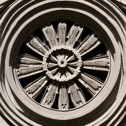 Prompt: ornate symmetrical spiral cathedral window with stonework, very beautiful, photograph, high definition