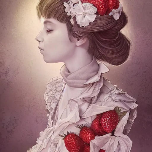 Image similar to the portrait of an absurdly beautiful, graceful, elegant, sophisticated, fashionable little girl made of strawberries and white petals looking down, an ultrafine hyperdetailed illustration by kim jung gi, irakli nadar, intricate linework, bright colors, octopath traveler, final fantasy, unreal engine 5 highly rendered, global illumination, radiant light, detailed and intricate environment