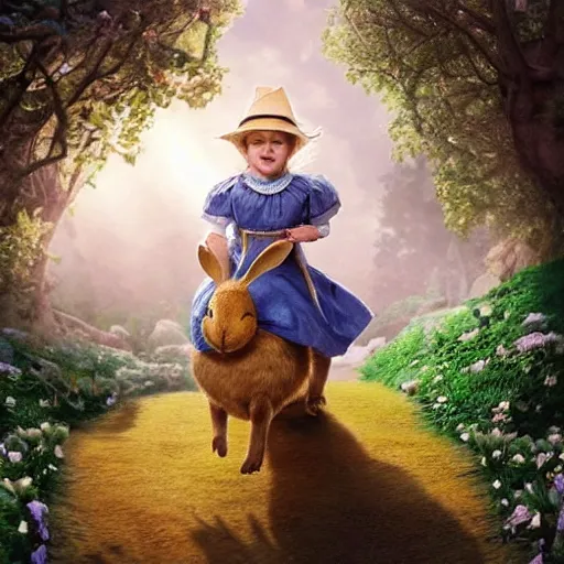 Image similar to beautiful picture of a little girl riding a giant rabbit, wonderland, land of Oz, Beatrix Potter, trending on Artstation