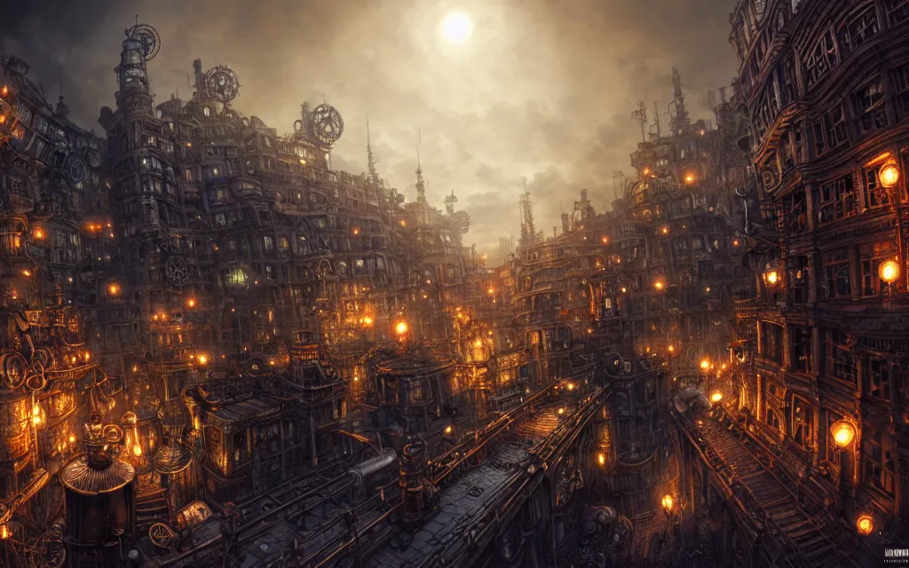 Image similar to an ultra wide angle view of a steampunk city made of clockwork, steamy, ominous, an ultrafine hyperdetailed illustration by kim jung gi, irakli nadar, intricate linework, octopath traveler, final fantasy, unreal engine 5, highly rendered, global illumination, radiant light, detailed and intricate environment