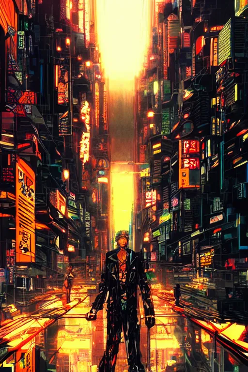 Prompt: cyberpunk illustration by shigenori soejima, street gang, concept art, intricate cyberpunk city, orange overlooking city