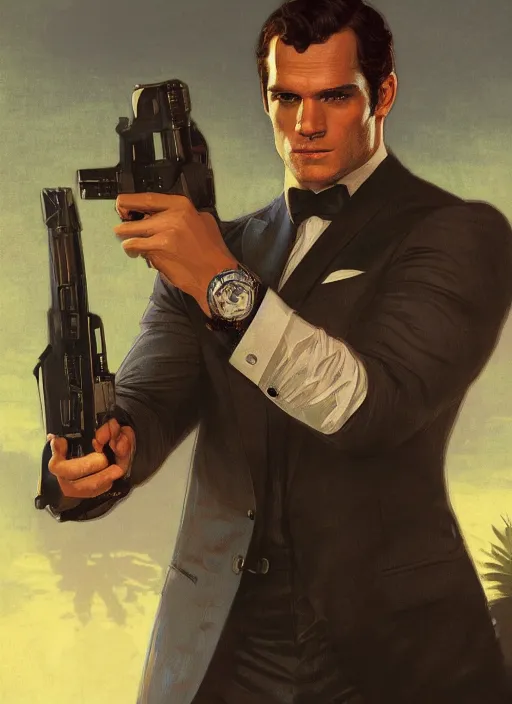 Image similar to portrait of henry cavill as james bond, key art, palm trees, vintage aston martin, highly detailed, digital painting, artstation, concept art, cinematic lighting, sharp focus, illustration, by gaston bussiere alphonse mucha