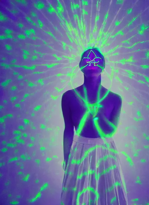 Prompt: female ascending, glowing third eye, particle glowing aura, motion blur, film grain, cinematic lighting, experimental film, shot on 1 6 mm, luminol light