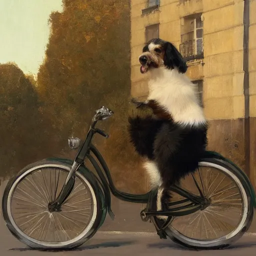 Prompt: young bernedoodle puppy on a bike in paris. art by greg rutkowski, gustave courbet, rosa bonheur, edward hopper. faithfully depicted, sharp focus, global illumination, radiant light, detailed and intricate environment, trending on artstation