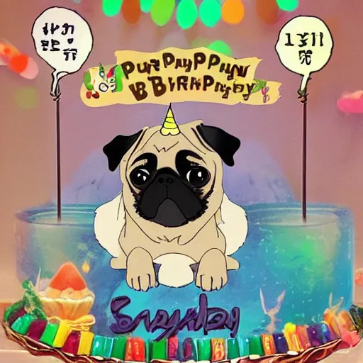 Prompt: Pug birthday in the style of studio Ghibli