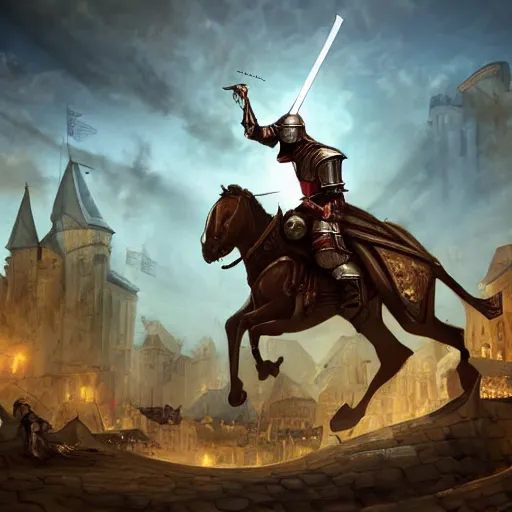 Image similar to Medieval knight with his sword drawn riding on top of a huge snail in a medieval city, wide shot, detailed, 4K, digital art, cinematic lighting, dynamic lighting, ambient lighting, award winning art