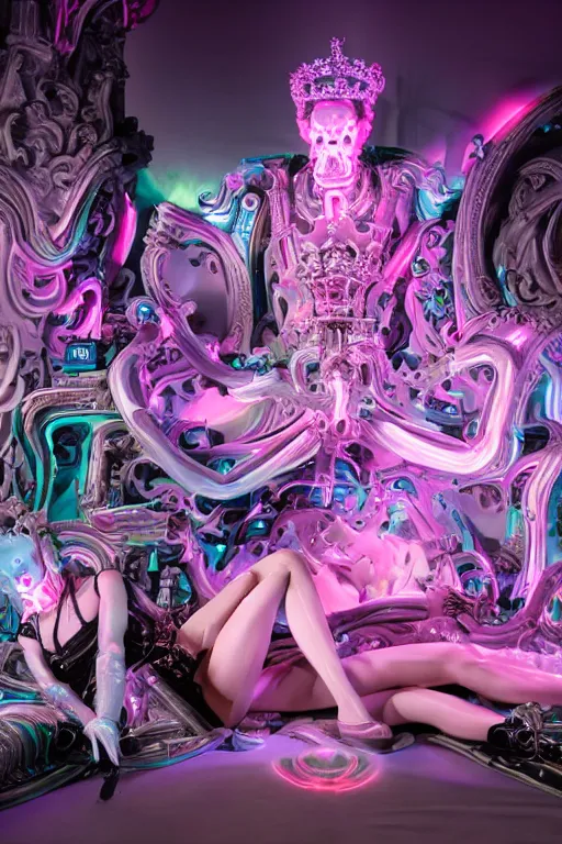 Image similar to full-body rococo and cyberpunk style neon statue of a muscular attractive Harry Styles macho dotado e rico android sim roupa reclining con las piernas abertas e la piroca dura, glowing white laser eyes, prince crown of pink gears, diamonds, swirling silver-colored silk fabric. futuristic elements. full-length view. space robots. human skulls. intricate artwork by caravaggio. Trending on artstation, octane render, cinematic lighting from the right, hyper realism, octane render, 8k, depth of field, 3D