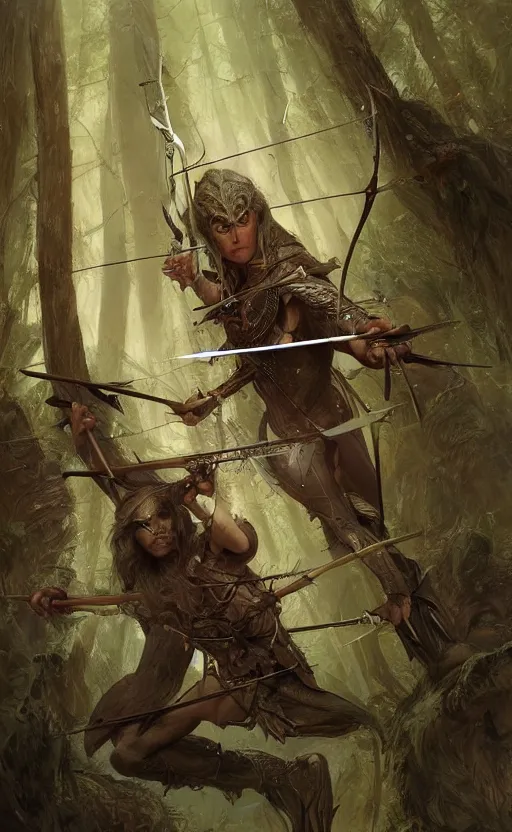 Prompt: portait of elven archer shooting arrow at forest monster, drark, marvel comics, dark, intricate, highly detailed, smooth, artstation, digital illustration by ruan jia and mandy jurgens and artgerm and wayne barlowe and greg rutkowski and zdislav beksinski