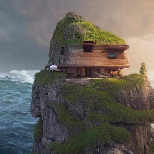 Image similar to a cozy cabin on top of a cliff, view of the ocean, huge waves beneath, dramatic lighting, artstation, matte painting, raphael lacoste, simon stalenhag, frank lloyd wright, zaha hadid, drone view