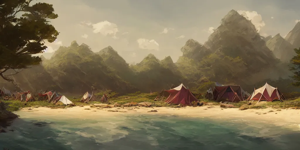 Image similar to Small camp with tents at the pristine beach. In style of Greg Rutkowski, Jesper Ejsing, Makoto Shinkai, trending on ArtStation, fantasy, great composition, concept art, highly detailed, scenery, 8K, Behance.