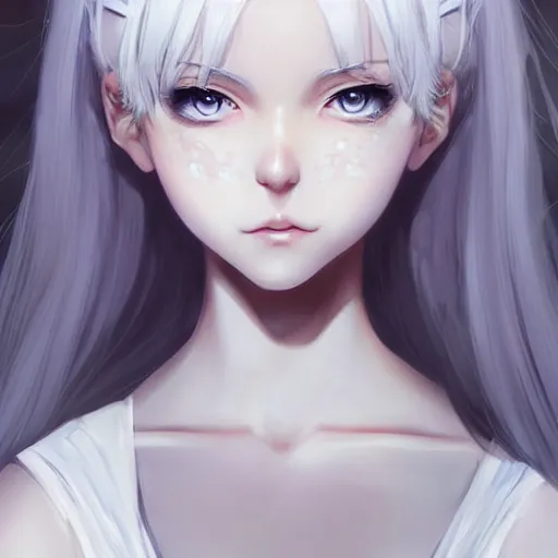 Prompt: Adorable Cat girl, white hair and Luminescent eyes, highly detailed, by Range Murata, artgerm, digital illustration, beautiful, concept art
