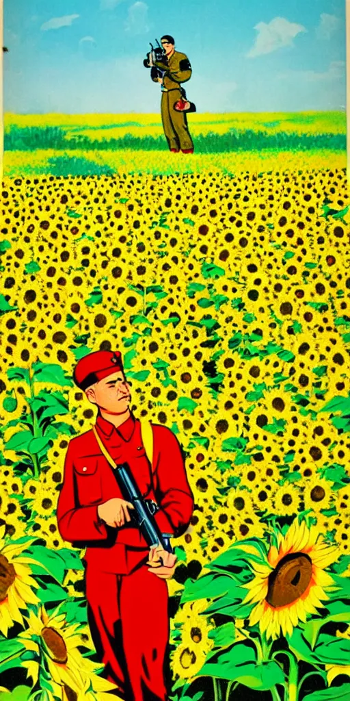 Prompt: Communist Propaganda Poster of a soldier in a sunflower field.