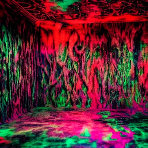 Prompt: big budget horror scene, chaos induce psychedelic colors, ultra definition, cinematic, professional lighting, liminal dark void craze, photograph by Lucifer