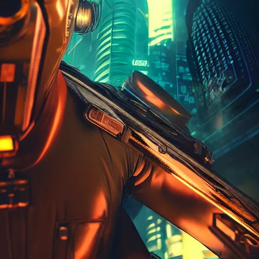 Image similar to professional photo of astronaut looking in the camera from low angle shot, cyberpunk background, blade runner, hyperrealistic masterpiece, trending on artstation, cgsociety, kodakchrome, golden ratio, cinematic, composition, beautiful lighting, hyper detailed, sharp focus, octane render, 4 k, unreal engine