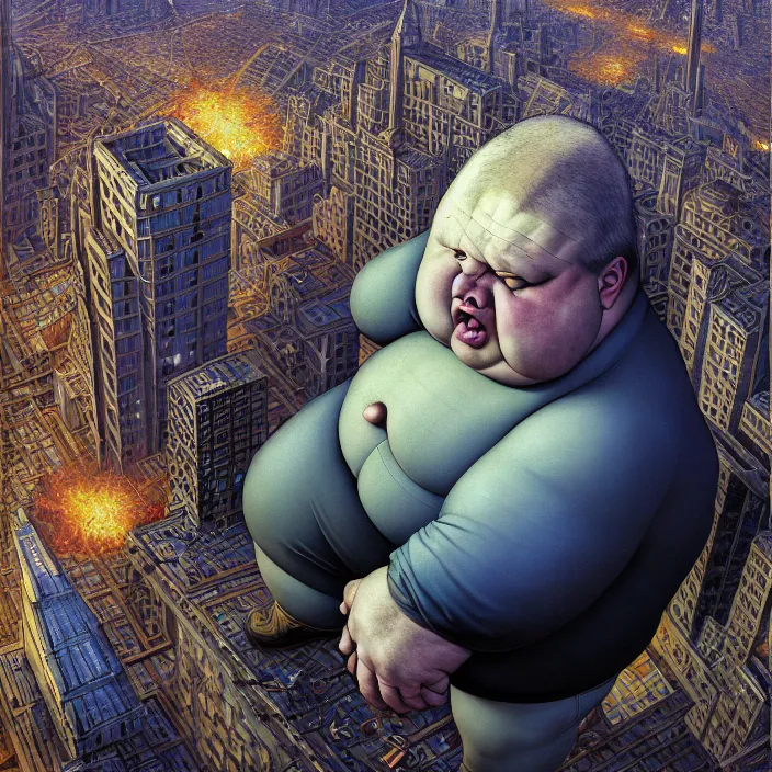Image similar to hyperrealistic mixed media portrait of a giant moridly obese man crushing a helpless city under his feet, despair, depressing and hopeless vibe, stunning 3d render inspired art by P. Craig Russell and Barry Windsor-Smith + perfect facial symmetry + dim volumetric lighting, 8k octane beautifully detailed render, post-processing, extremely hyperdetailed, epic composition, grim yet sparkling atmosphere, cinematic lighting + masterpiece, trending on artstation