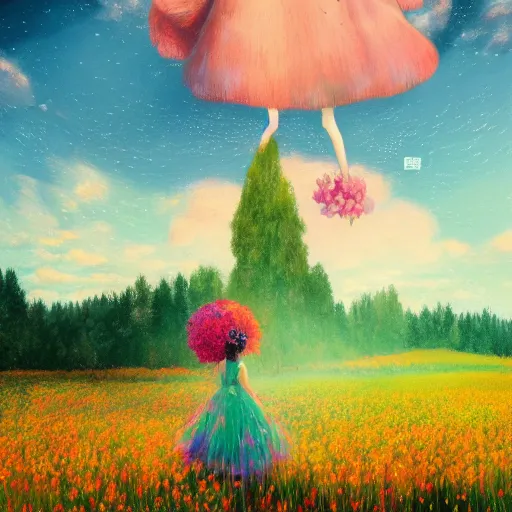 Image similar to full body girl with giant flower for a face, surreal photography, dream, dress made from the flower field she walks through, hills, big trees, sunrise dramatic light, impressionist painting, colorful clouds, digital painting, pointillism, artstation, simon stalenhag