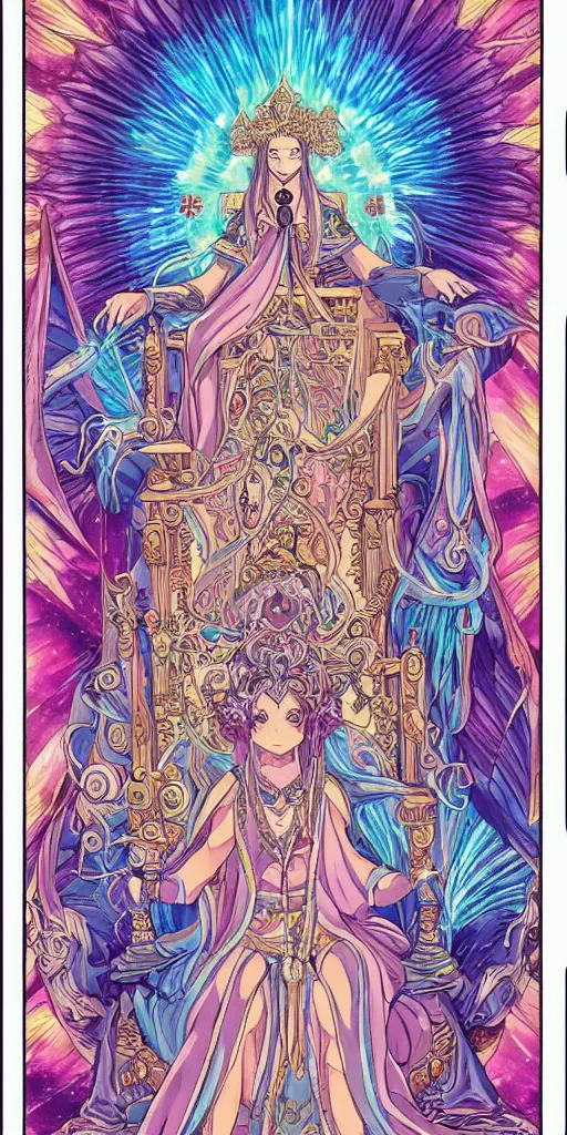 Prompt: a mystical woman priestess sitting on a throne, the divine feminine, drawn by studio UFOTABLE, psychedelic, fine line work, pastel colors, Tarot cards. The empress tarot card, detailed, anime