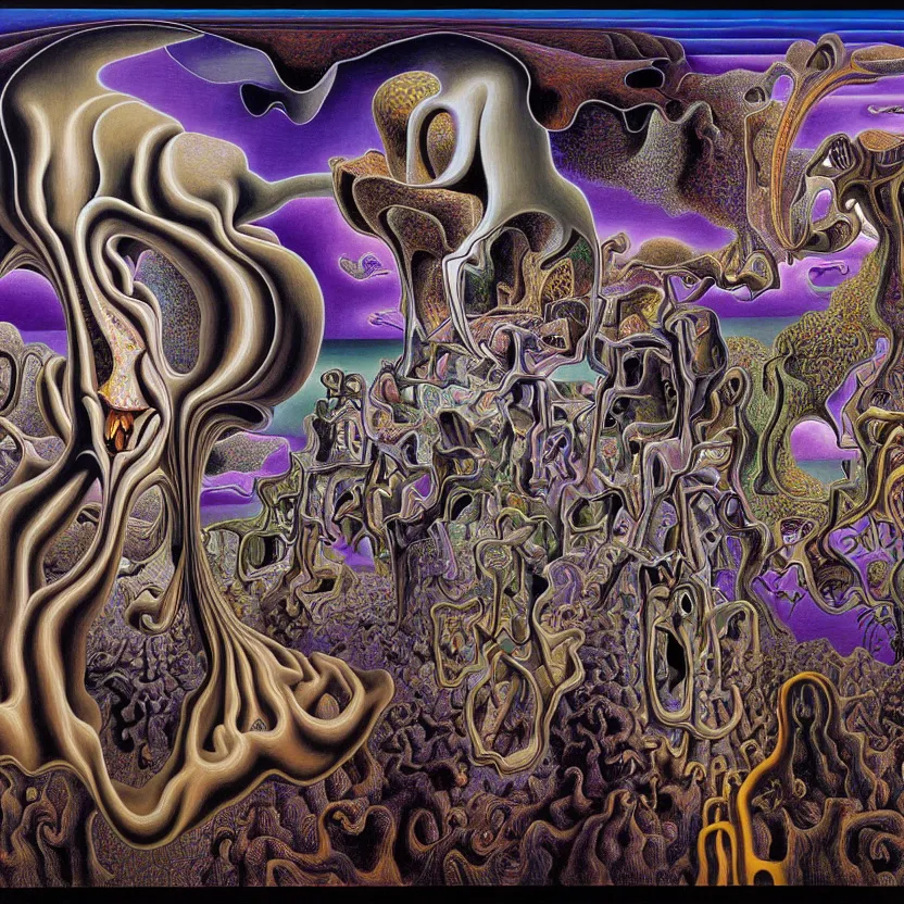 Image similar to infinite fractals of darkness, recursion, surreal, by salvador dali and mc escher and alex grey, oil on canvas, hd, dreams, intricate details, dark, vivid colors