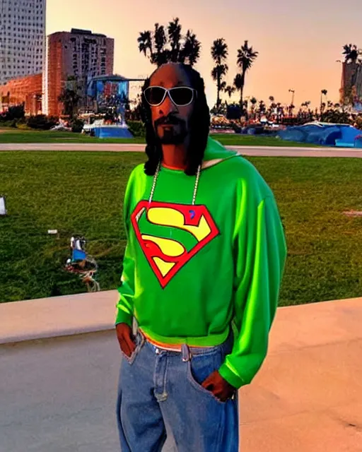 Prompt: snoop Dogg dressed as a green Superman with a marijuana logo, Long Beach background, sunset