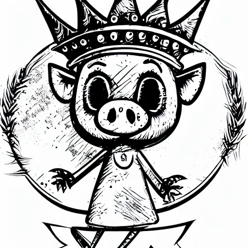 Prompt: dark art grunge cartoon vector sketch of a little piggy with a crown by - mrrevenge instagram, loony toons style, horror theme, detailed, elegant, intricate