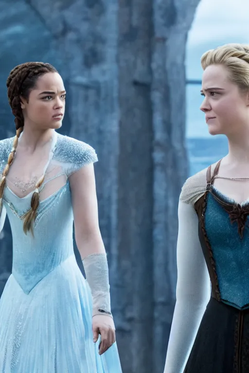 Prompt: Tessa Thompson and Evan Rachel Wood star in Disney's Westworld, in the style of frozen, Pixar movie screenshot