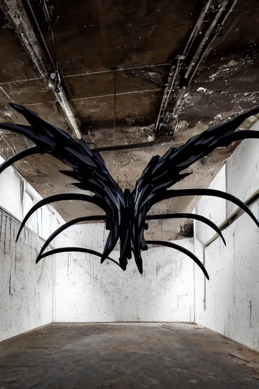 Prompt: ASYMMETRICAL irregular brutalist black-metal winged biblical-angel sculptures made of glossy black liquid latex and industrial hardware, jagged spiraling shapes, hanging from ceiling in abandoned basement, designed by nancy grossman, anish kapoor, herman nitsch, 8k, hyperrealistic, hyper-detailed, highly textured, gloss finish, dark volumetric lighting