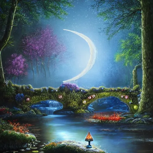 Image similar to painting, high detail, woodland village, in the night, fantasy, crescent moon, stone paths, bridge, water stream, luminous, toadstools, fireflies, fantasy,, flowers, waterfall, lanterns, mist, highly detailed painting, fine lines, 8 k realistic, sharp focus