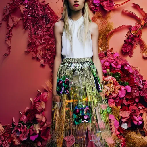 Image similar to young model wearing valentino 2 0 1 4 floral skirt and jeweled headpiece in a cyber holographic jungle, flowers