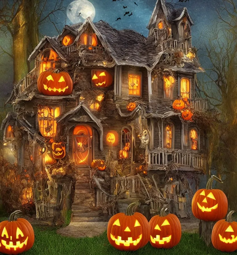 Image similar to a halloween house with pumpkins and jack - o - lantern decorations, a digital rendering by anne stokes, pinterest contest winner, gothic art, grotesque, diorama, made of cardboard