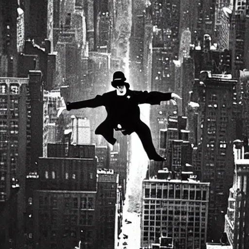 Prompt: “ a winged Charlie Chaplin flying over new york city”