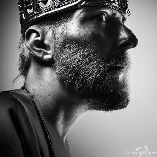 Image similar to stunning beautiful portrait photography of a face detailing medieval king with crown from national geographic magazine award winning, dramatic lighting, taken with Sony alpha 9, sigma art lens, medium-shot, monochrome