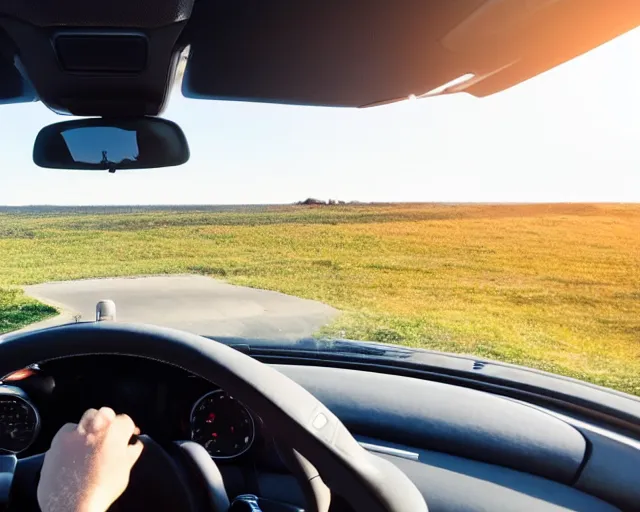 Image similar to top view of cabriolet with open roof, cat sitting in driver seat with paws resting on steering wheel, golden hour