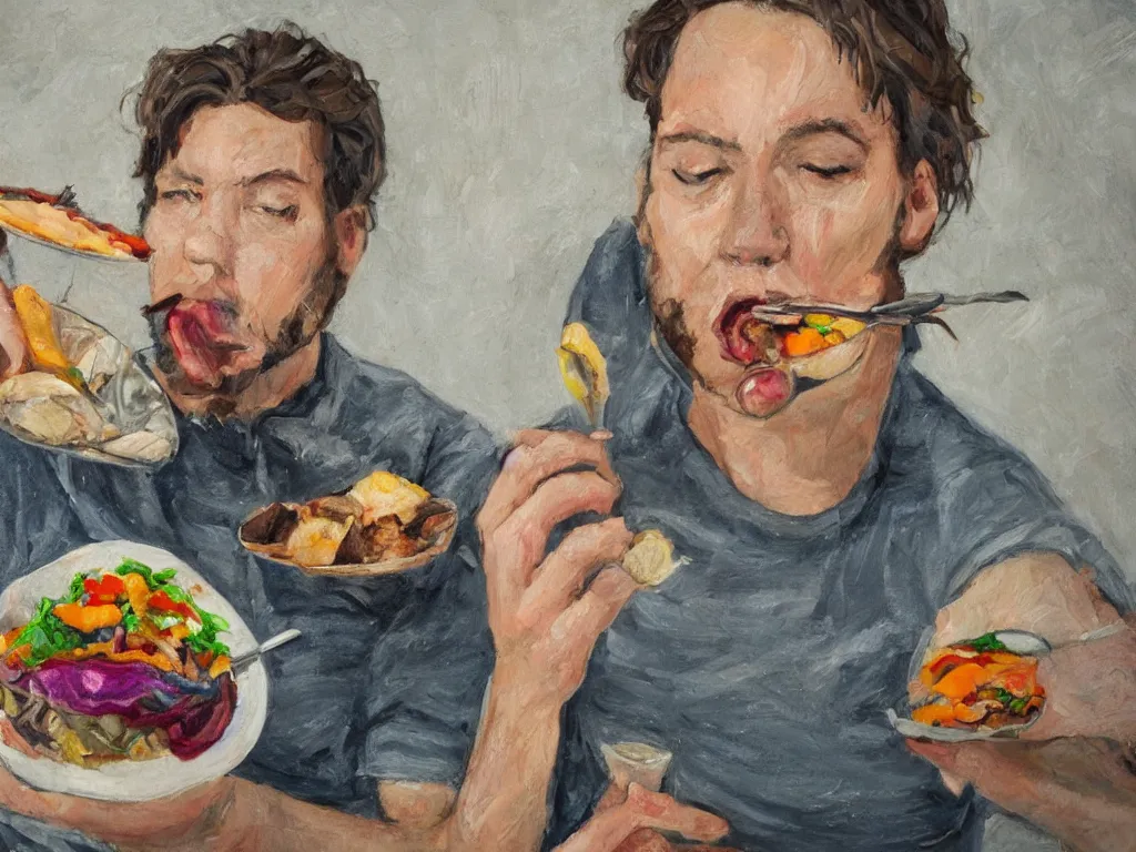 Prompt: artist on diet dramatically thinking about food but cannot eat