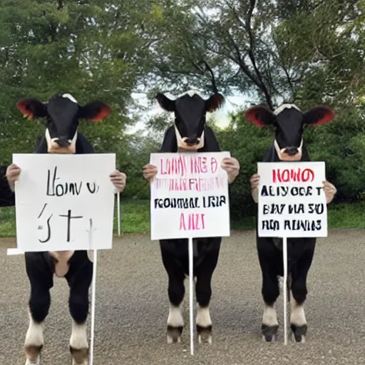 Image similar to 3 cows standing on 2 legs holding signs