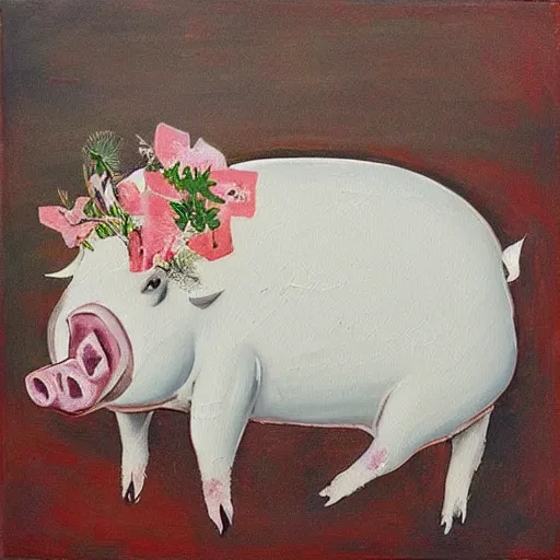 Image similar to “pig paintings and pig sculptures in a pig art gallery, pork, ikebana white flowers, white wax, squashed berries, acrylic and spray paint and oilstick on canvas, by munch and Dali”