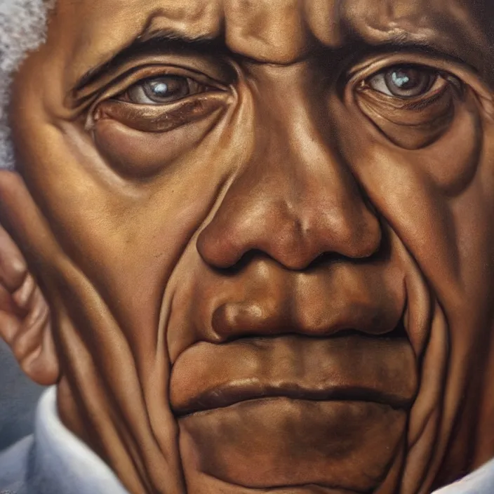 Prompt: hyperrealistic close up studio portrait of aging old Barack Obama age 85 sad, oil painting by Ivan Albright and Lucian Freud and Ron Mueck, trending on artstation Studio lighting hyperrealism