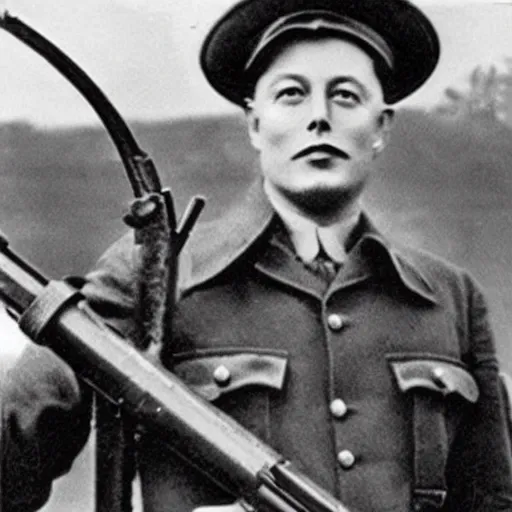 Image similar to old wartime photograph of elon musk holding a lewis gun, 1 9 1 7